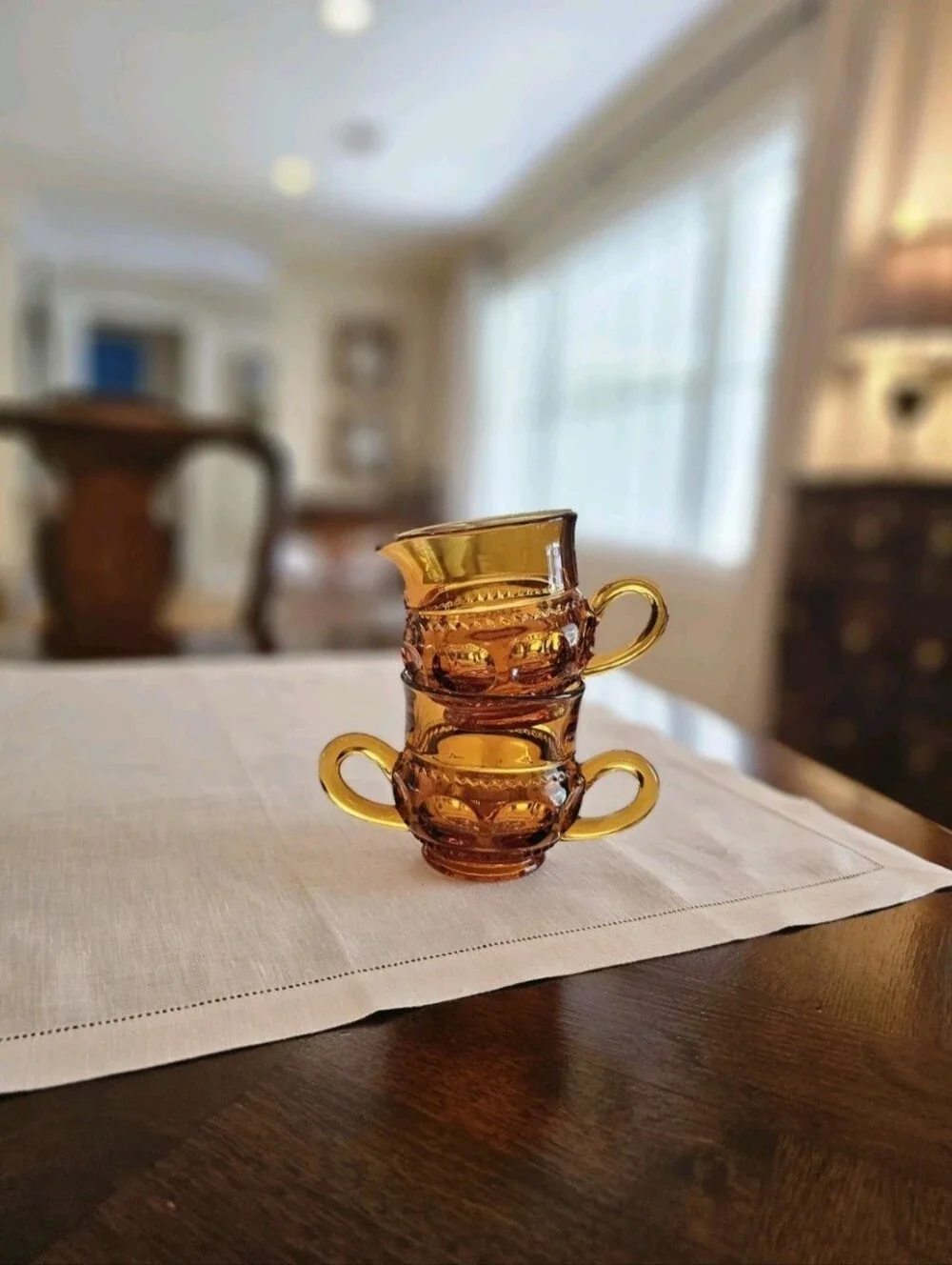 Vintage Indiana Glass Amber King's Crown Creamer & Sugar Set